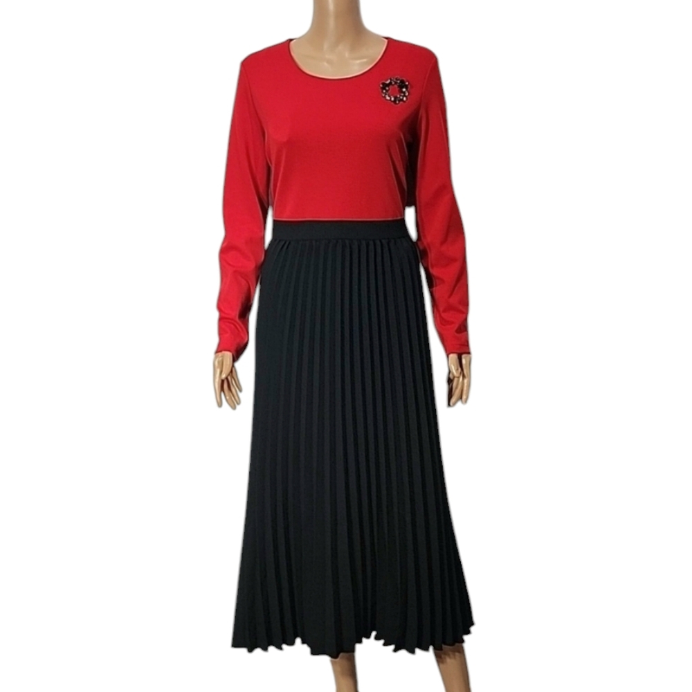 Leslie Fay long Sleeve‎ Pleated Midi Dress Red And Black Size 12 NWT